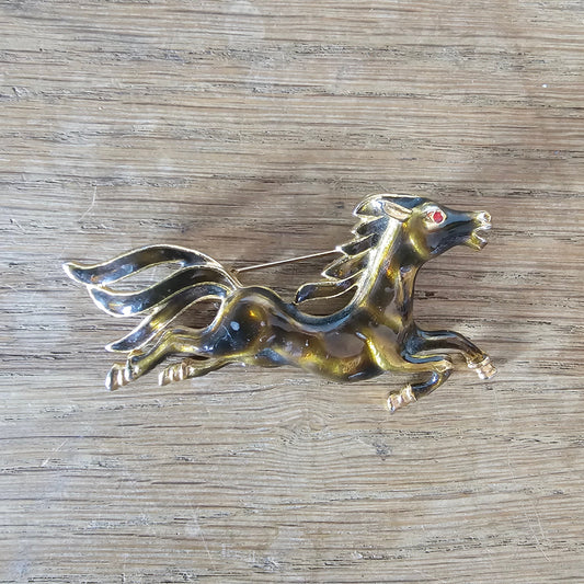 1960s/70s gold-tone & brown enamel galloping horse brooch