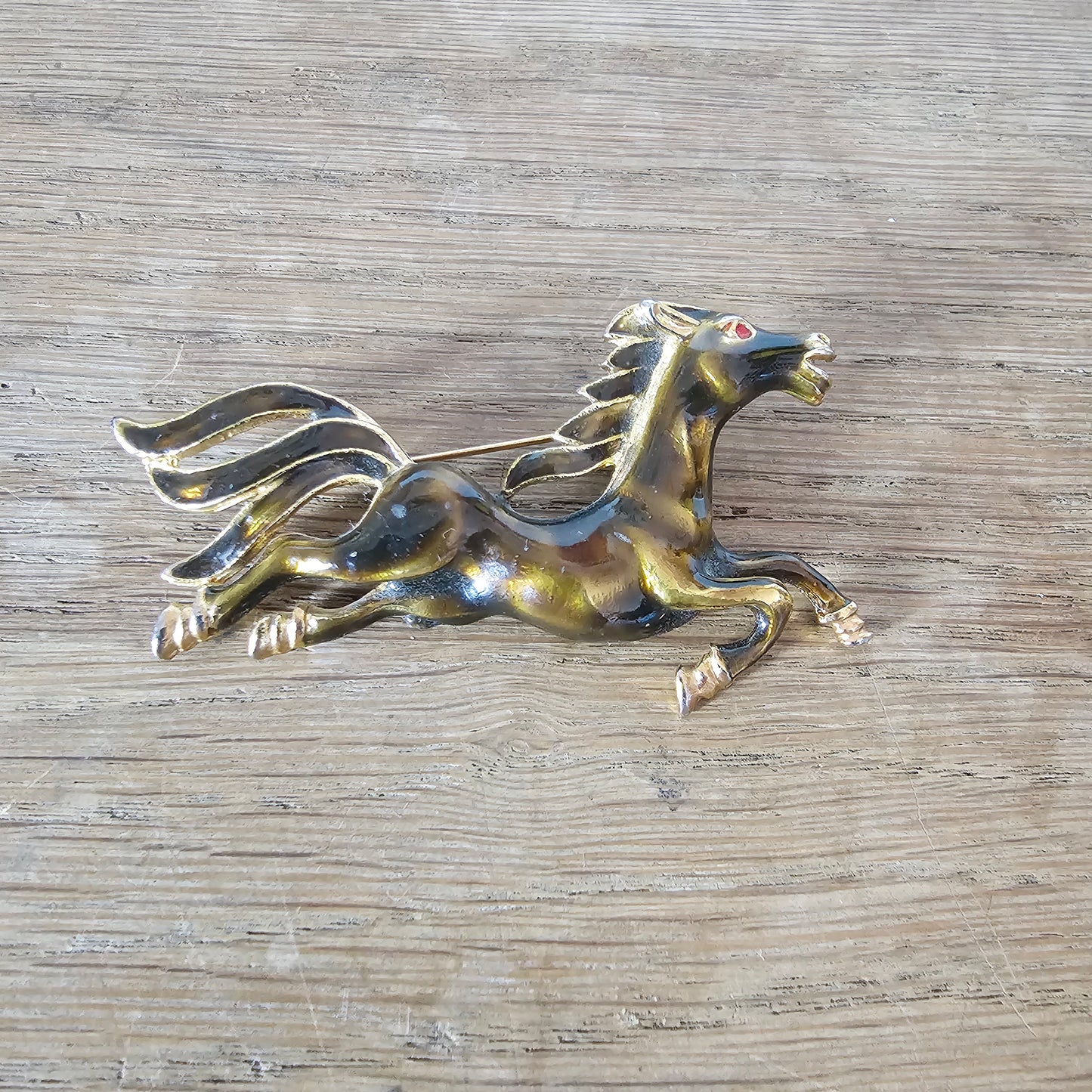 1960s/70s gold-tone & brown enamel galloping horse brooch