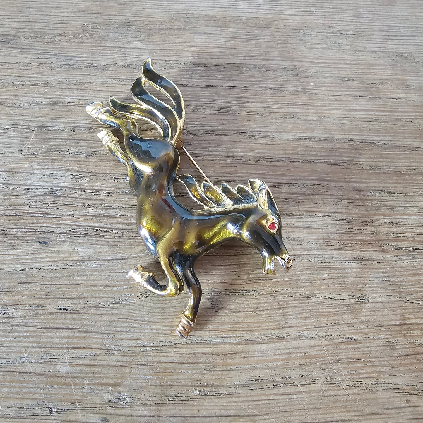 1960s/70s gold-tone & brown enamel galloping horse brooch