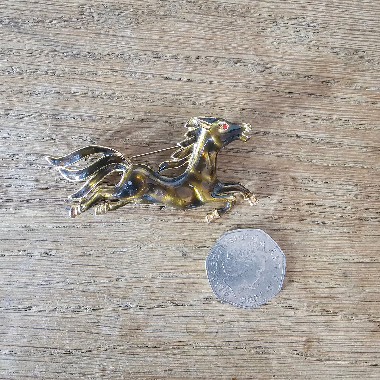 1960s/70s gold-tone & brown enamel galloping horse brooch