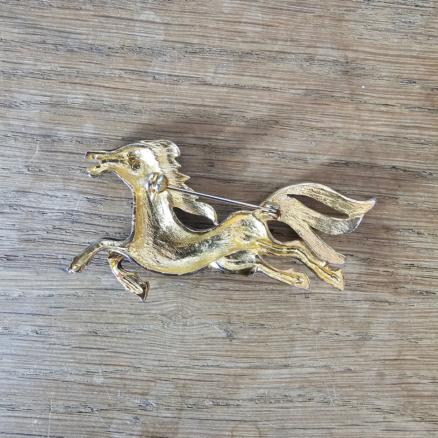 1960s/70s gold-tone & brown enamel galloping horse brooch
