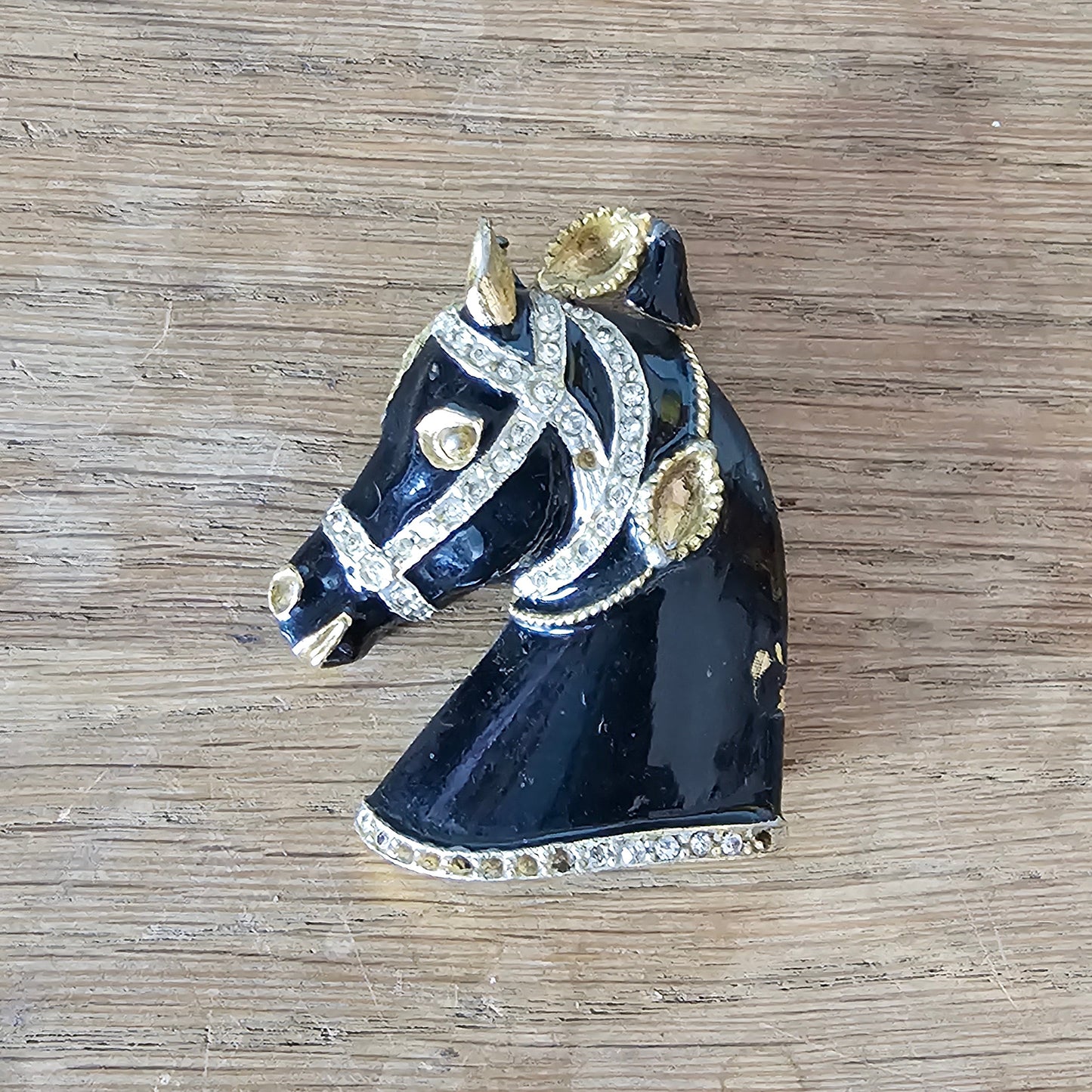 1960s/70s Sphinx large black enamel and rhinestone horse head brooch, signed