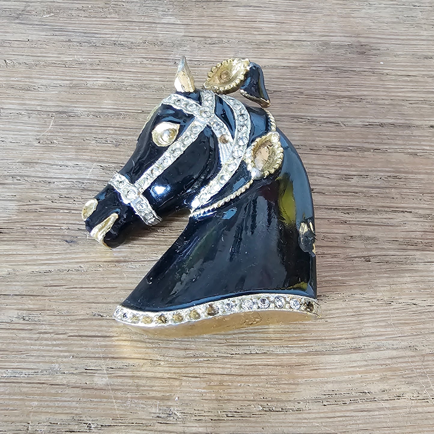 1960s/70s Sphinx large black enamel and rhinestone horse head brooch, signed