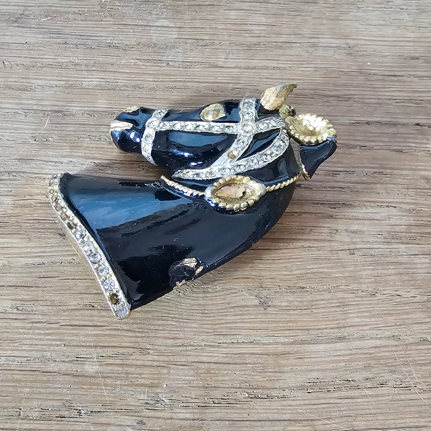 1960s/70s Sphinx large black enamel and rhinestone horse head brooch, signed