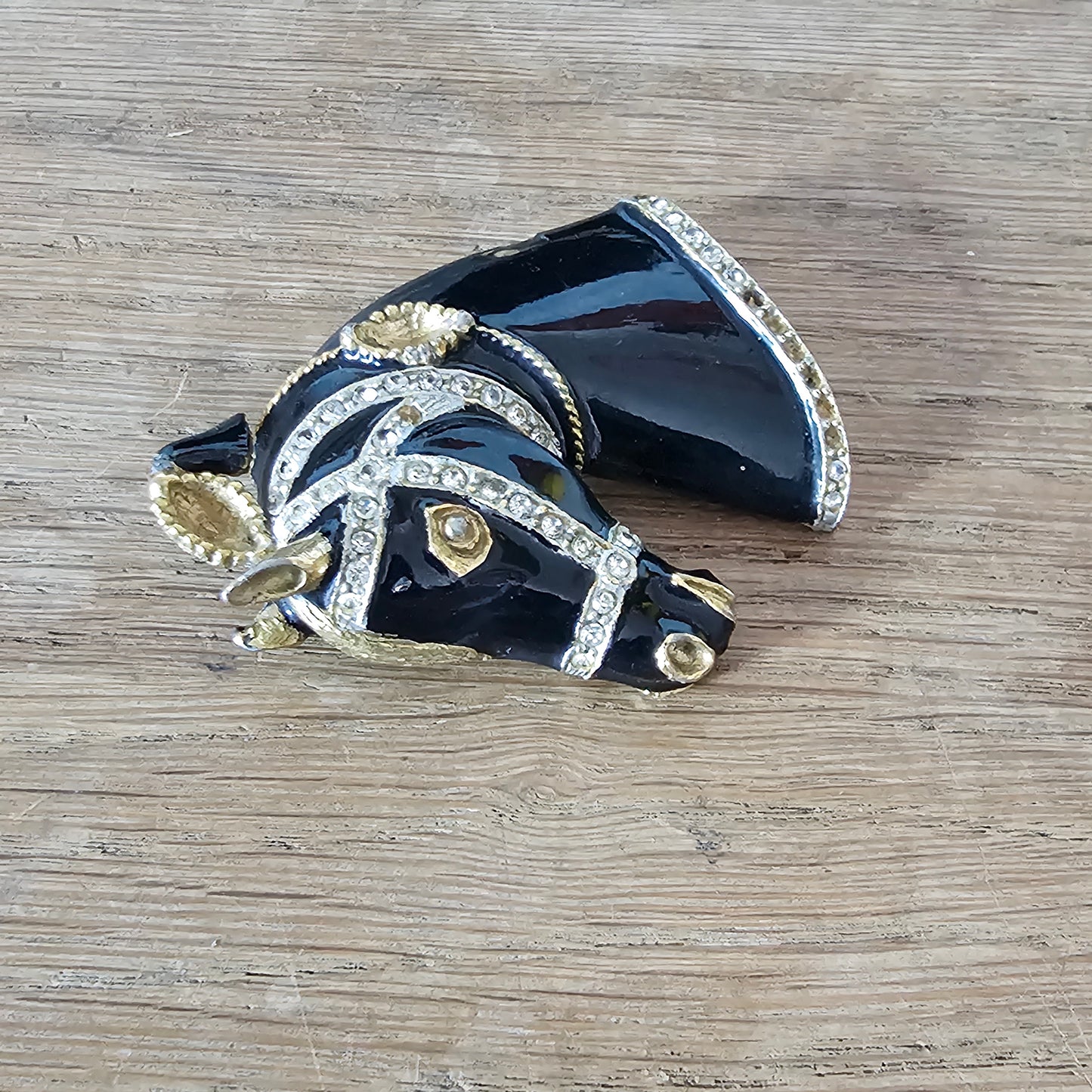 1960s/70s Sphinx large black enamel and rhinestone horse head brooch, signed