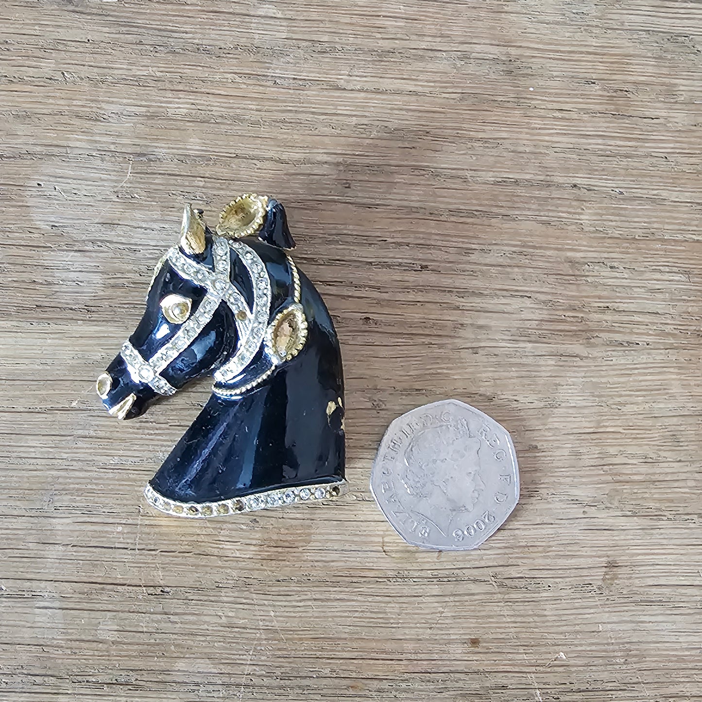 1960s/70s Sphinx large black enamel and rhinestone horse head brooch, signed