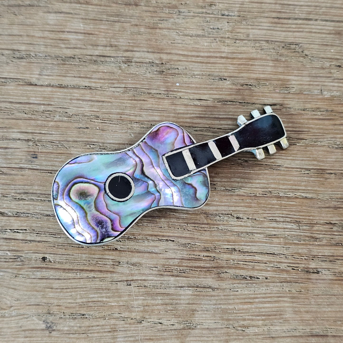 1970s silver-tone Abalone shell guitar brooch, stamped Alpaca Mexico