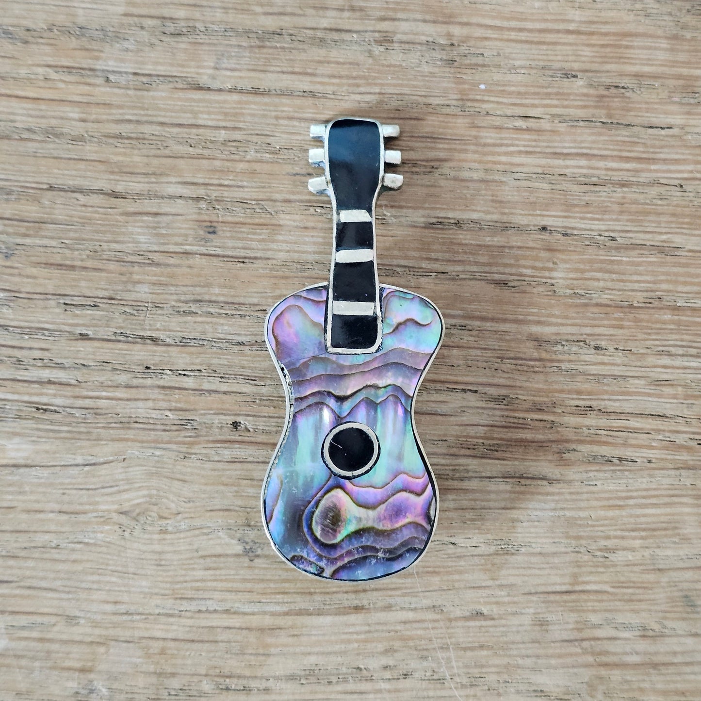 1970s silver-tone Abalone shell guitar brooch, stamped Alpaca Mexico