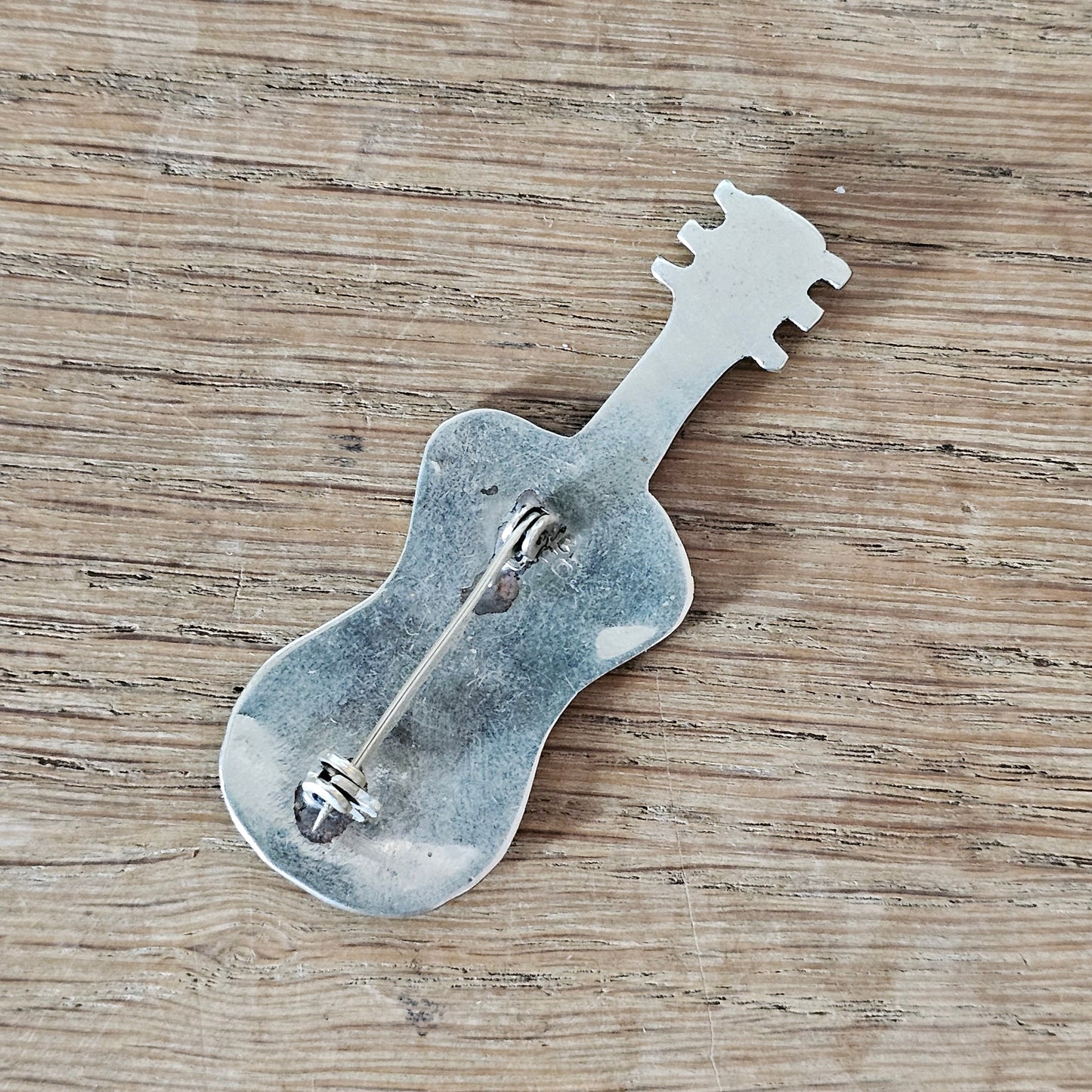 1970s silver-tone Abalone shell guitar brooch, stamped Alpaca Mexico
