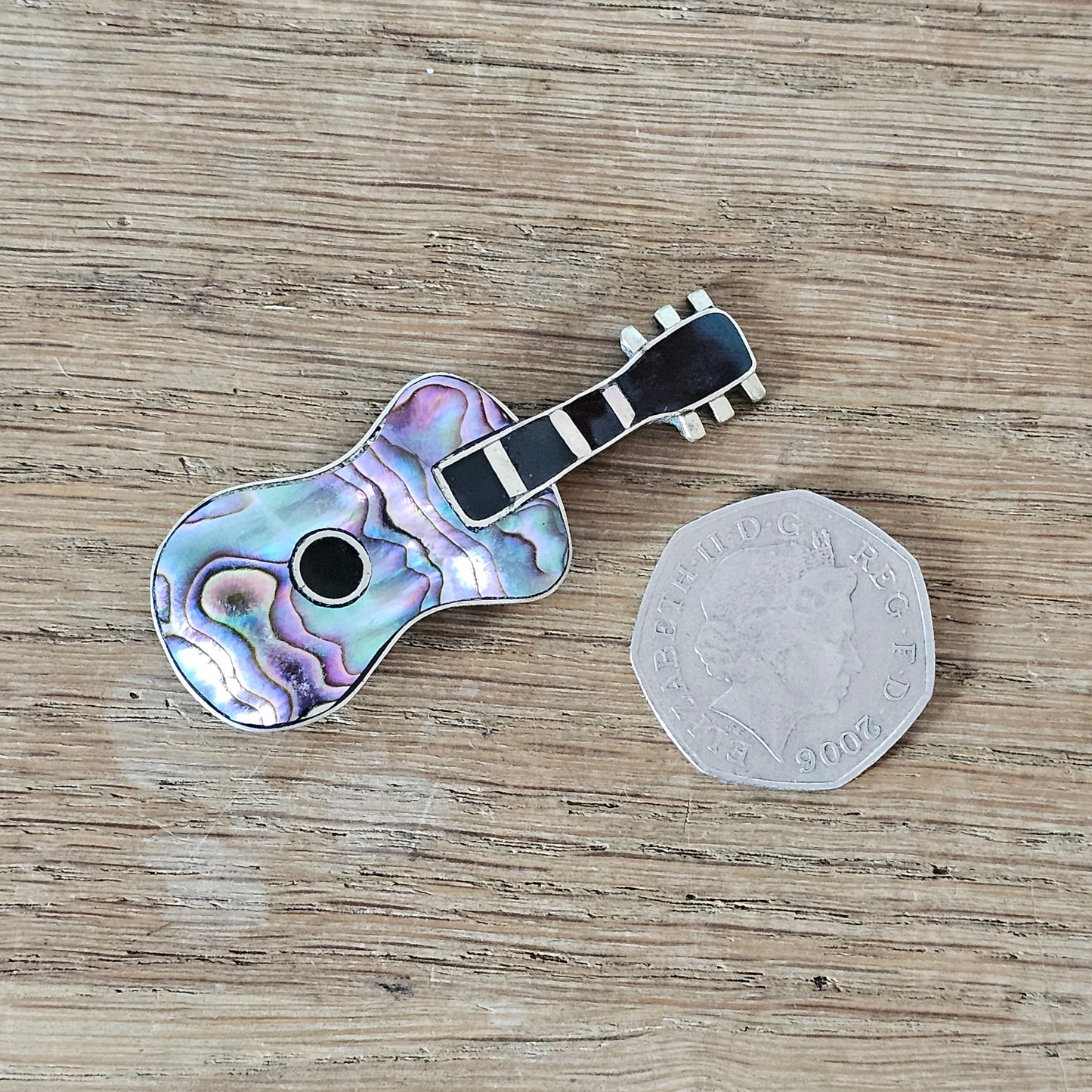 1970s silver-tone Abalone shell guitar brooch, stamped Alpaca Mexico