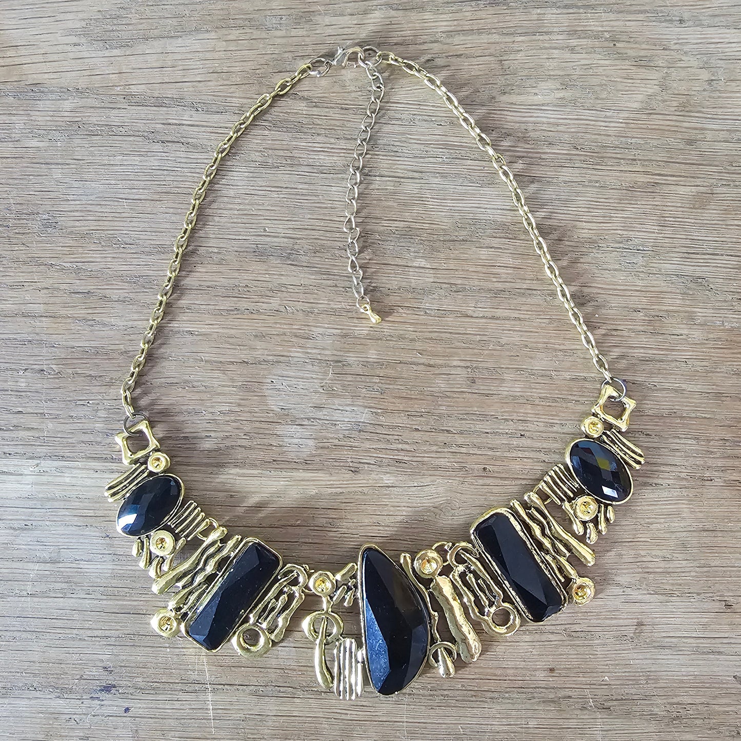 1980s gold-tone & black faceted geometric statement necklace