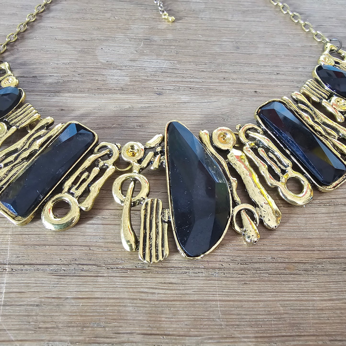 1980s gold-tone & black faceted geometric statement necklace