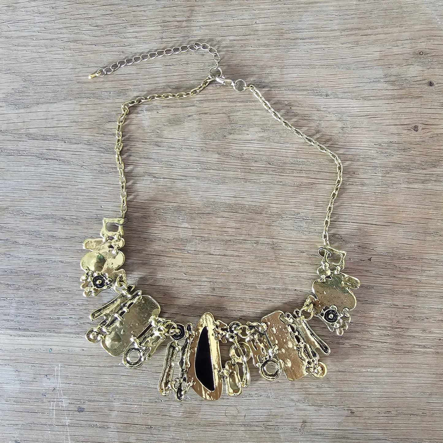 1980s gold-tone & black faceted geometric statement necklace