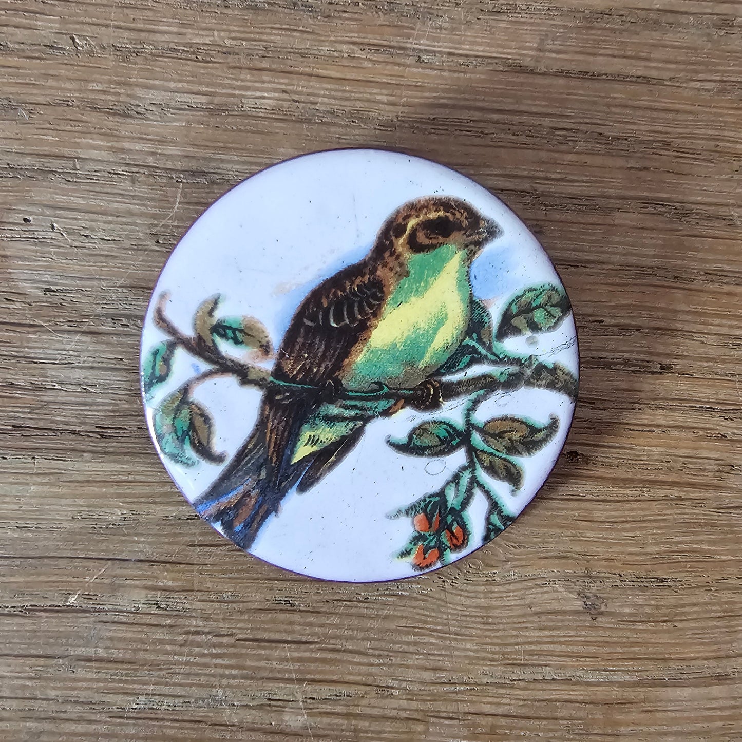 1960s/70s handmade copper & enamel bird on branch motif brooch