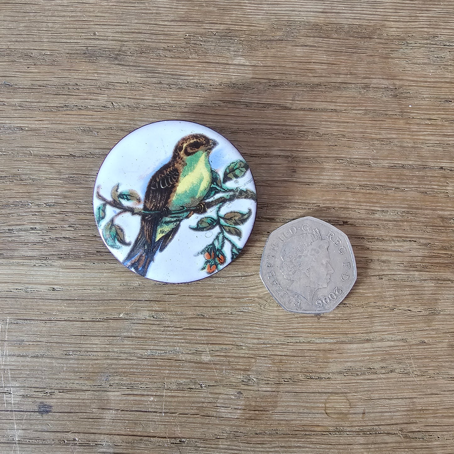 1960s/70s handmade copper & enamel bird on branch motif brooch