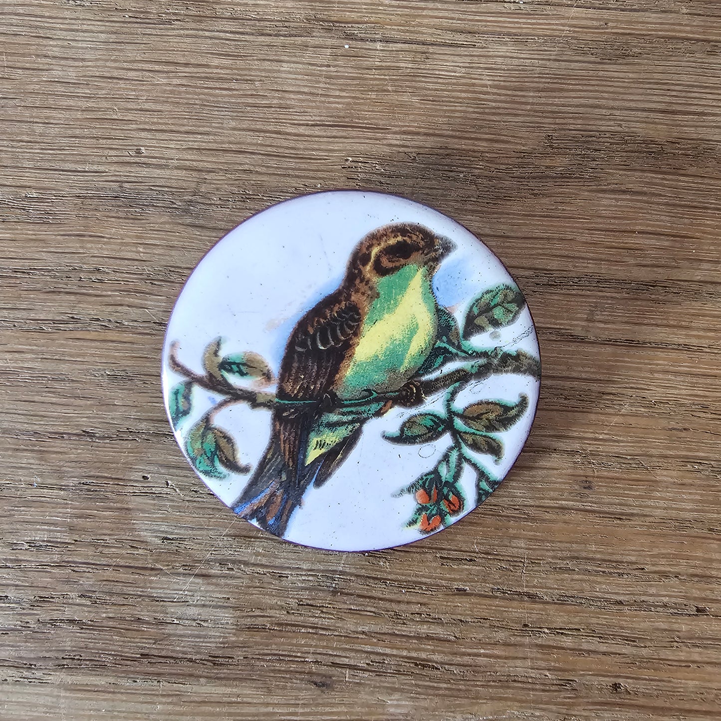 1960s/70s handmade copper & enamel bird on branch motif brooch