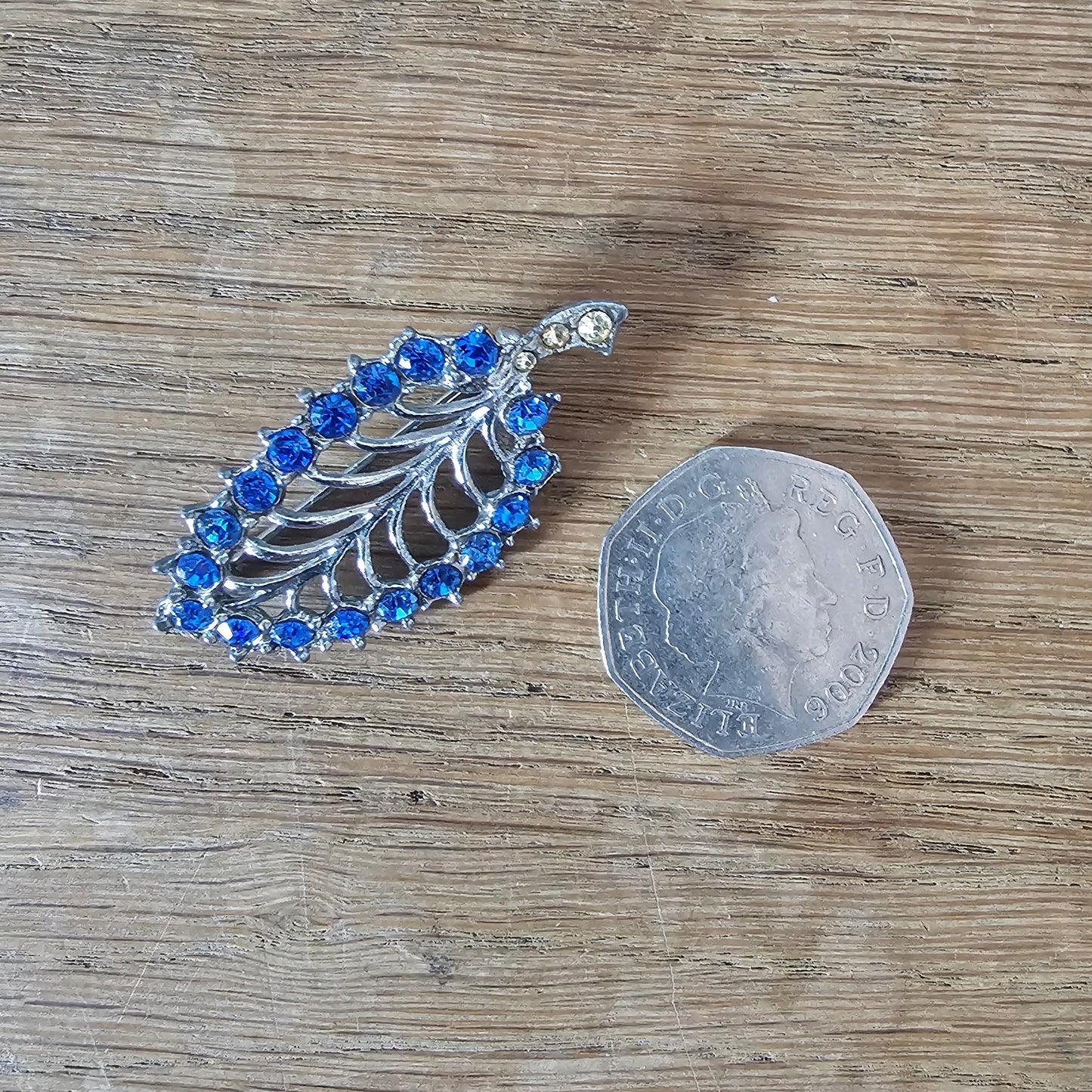 1950s silver-tone & blue rhinestone skeletal leaf brooch