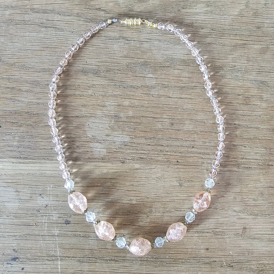 1960s pink & clear faceted glass bead necklace