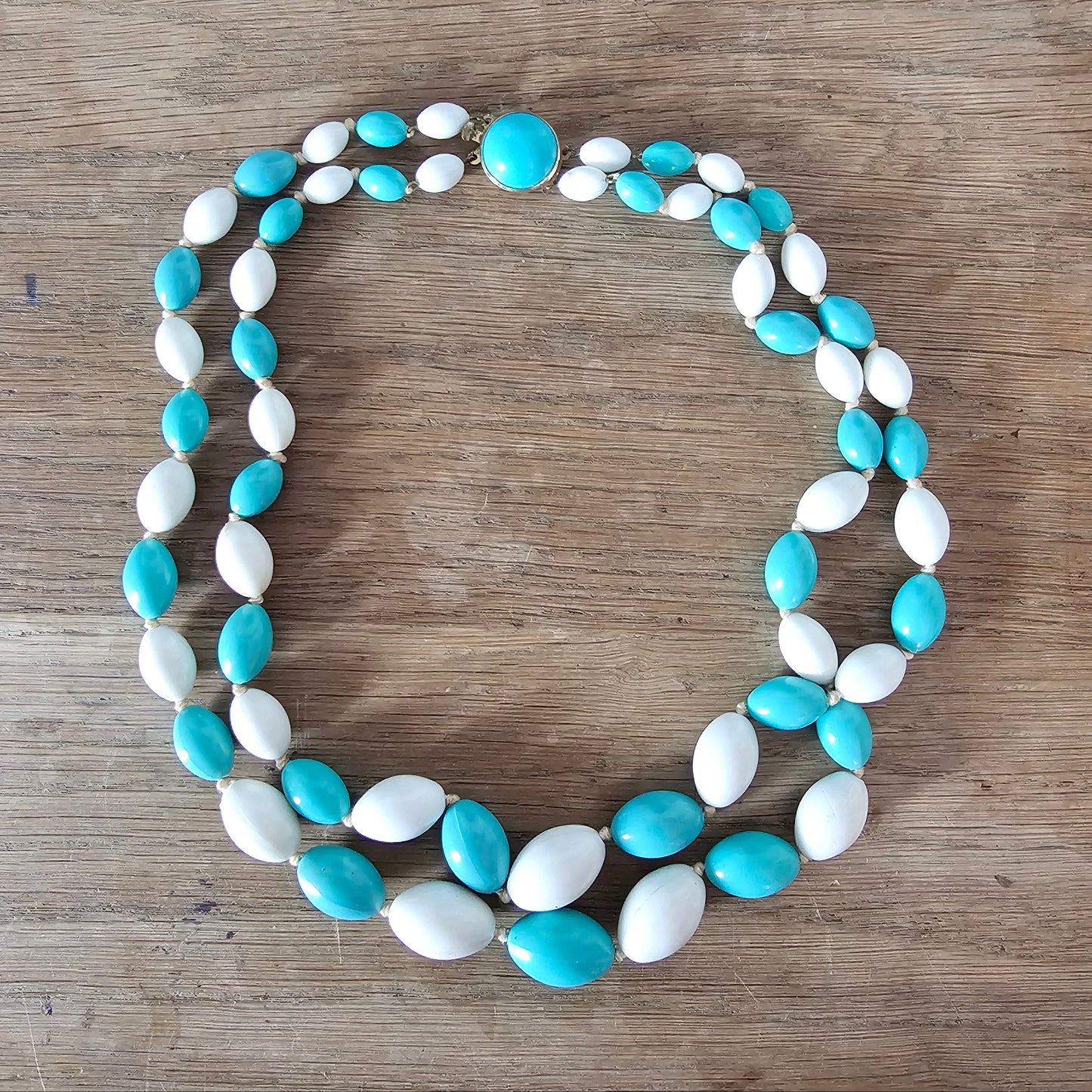 1960s West Germany turquoise & white plastic double strand bead necklace