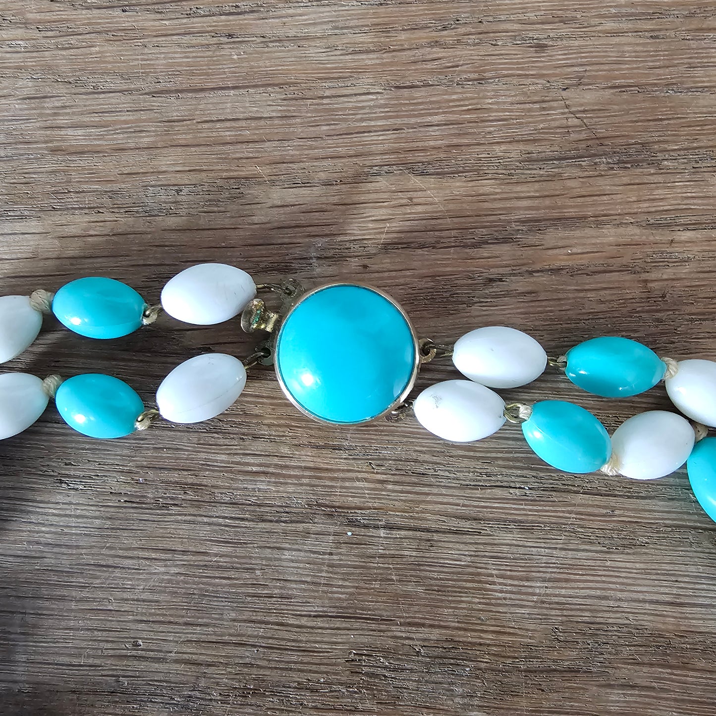 1960s West Germany turquoise & white plastic double strand bead necklace