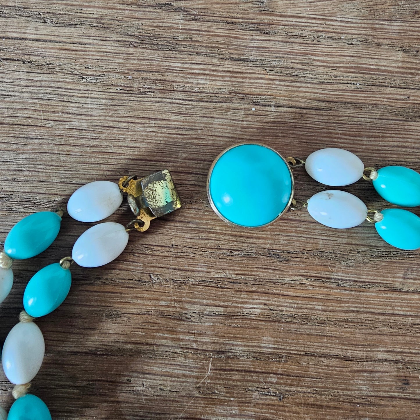 1960s West Germany turquoise & white plastic double strand bead necklace
