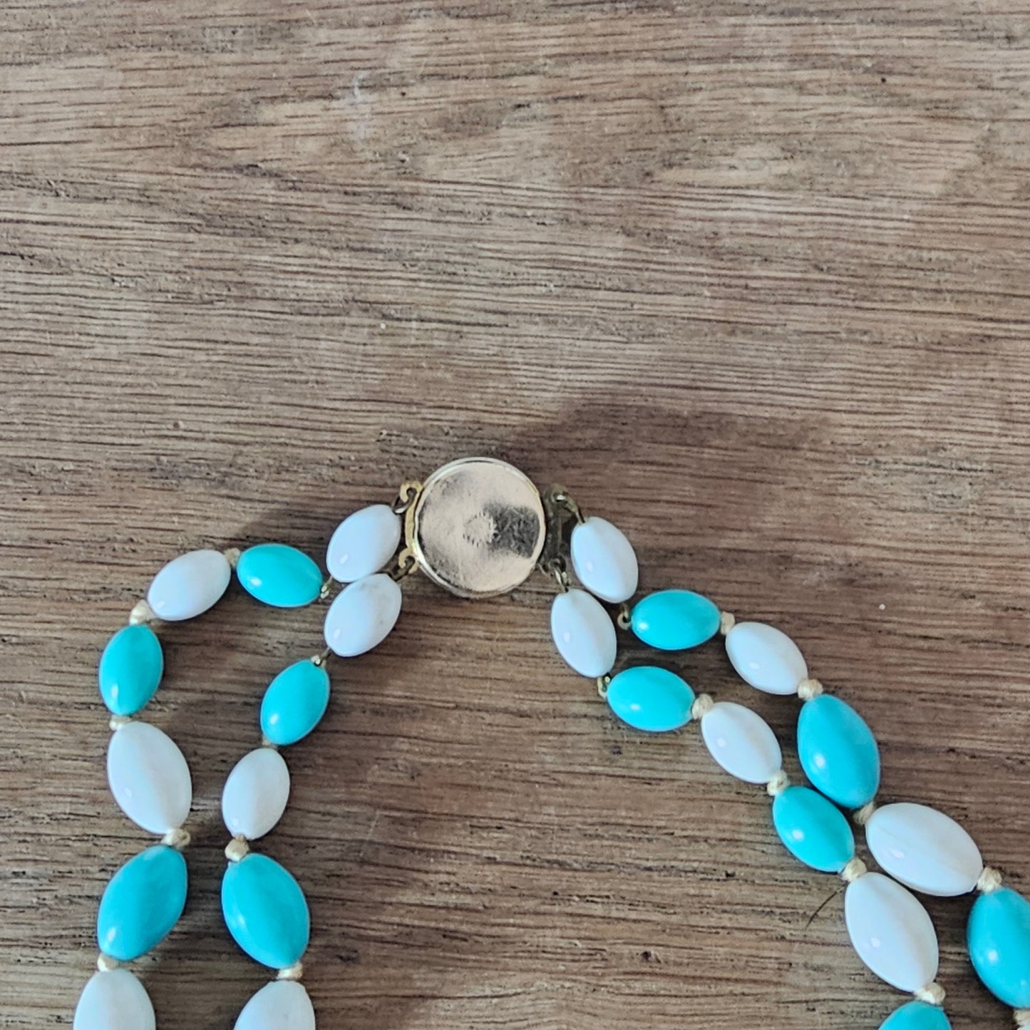 1960s West Germany turquoise & white plastic double strand bead necklace