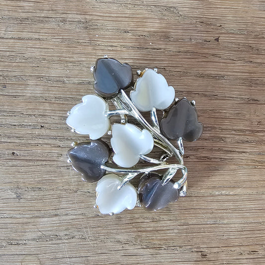 Large 1960s silver-tone & brown/white Lucite leaf spray brooch