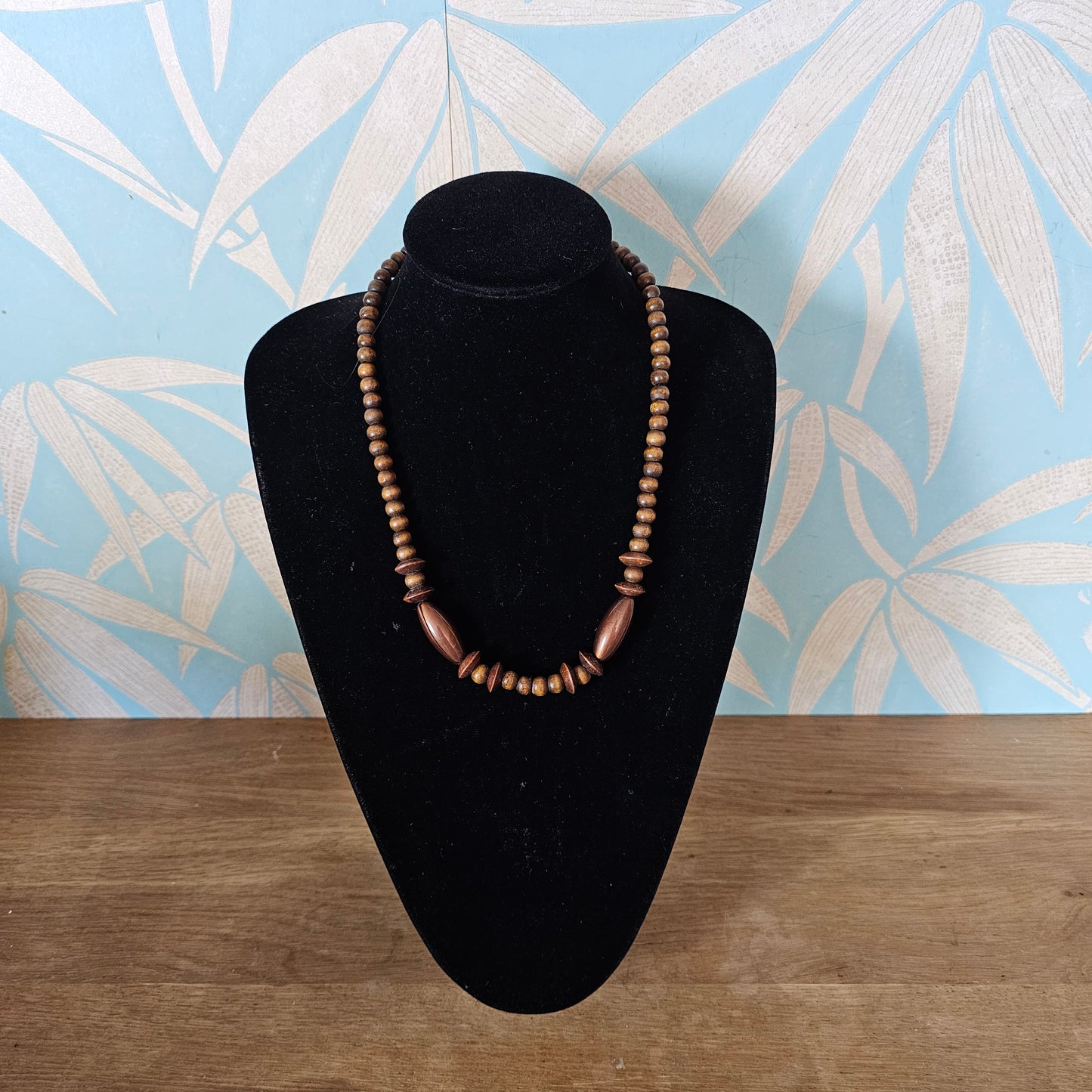 1980s wood, & resin oval bead statement necklace