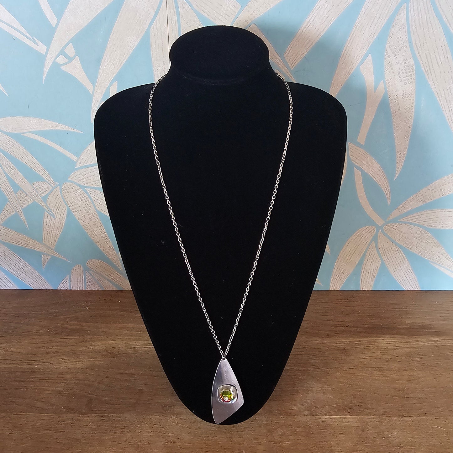 1970s stainless steel abstract pendant necklace with Aurora Borealis dome crystal