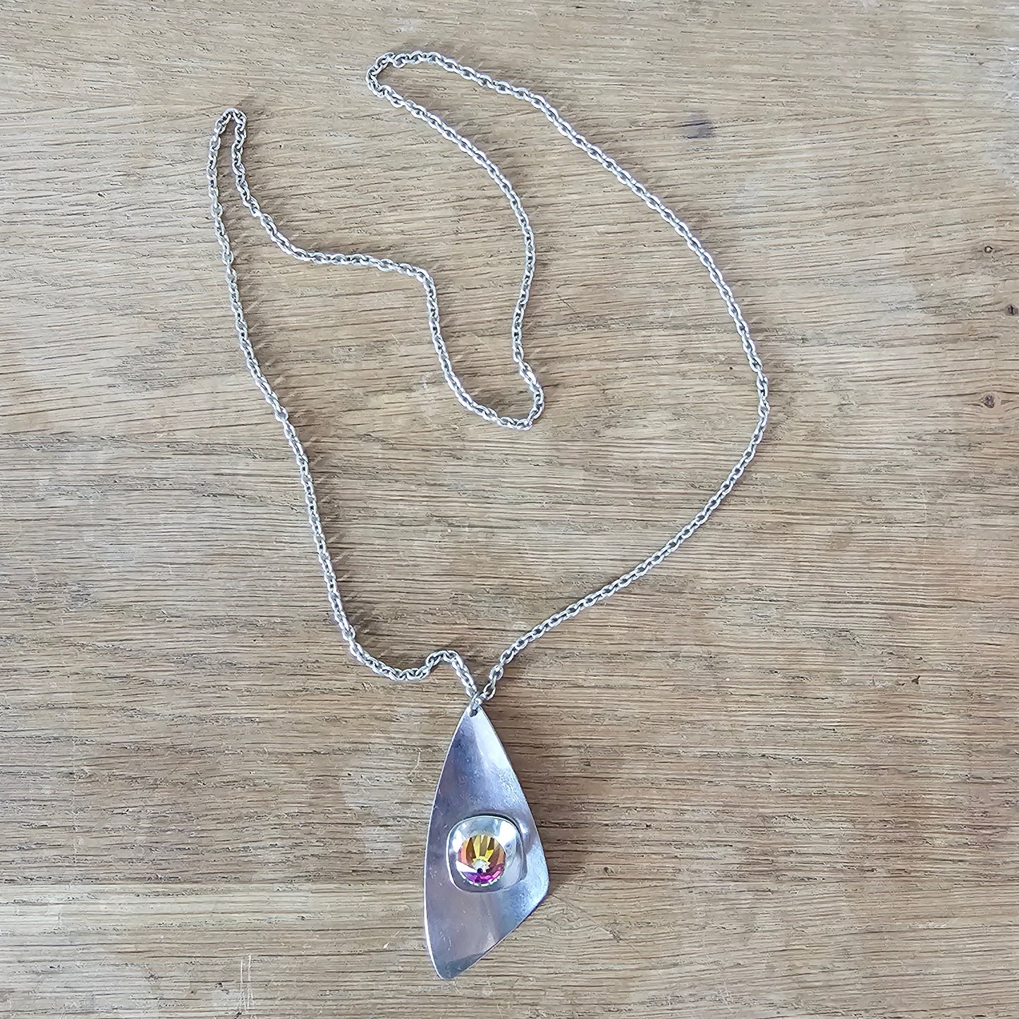 1970s stainless steel abstract pendant necklace with Aurora Borealis dome crystal