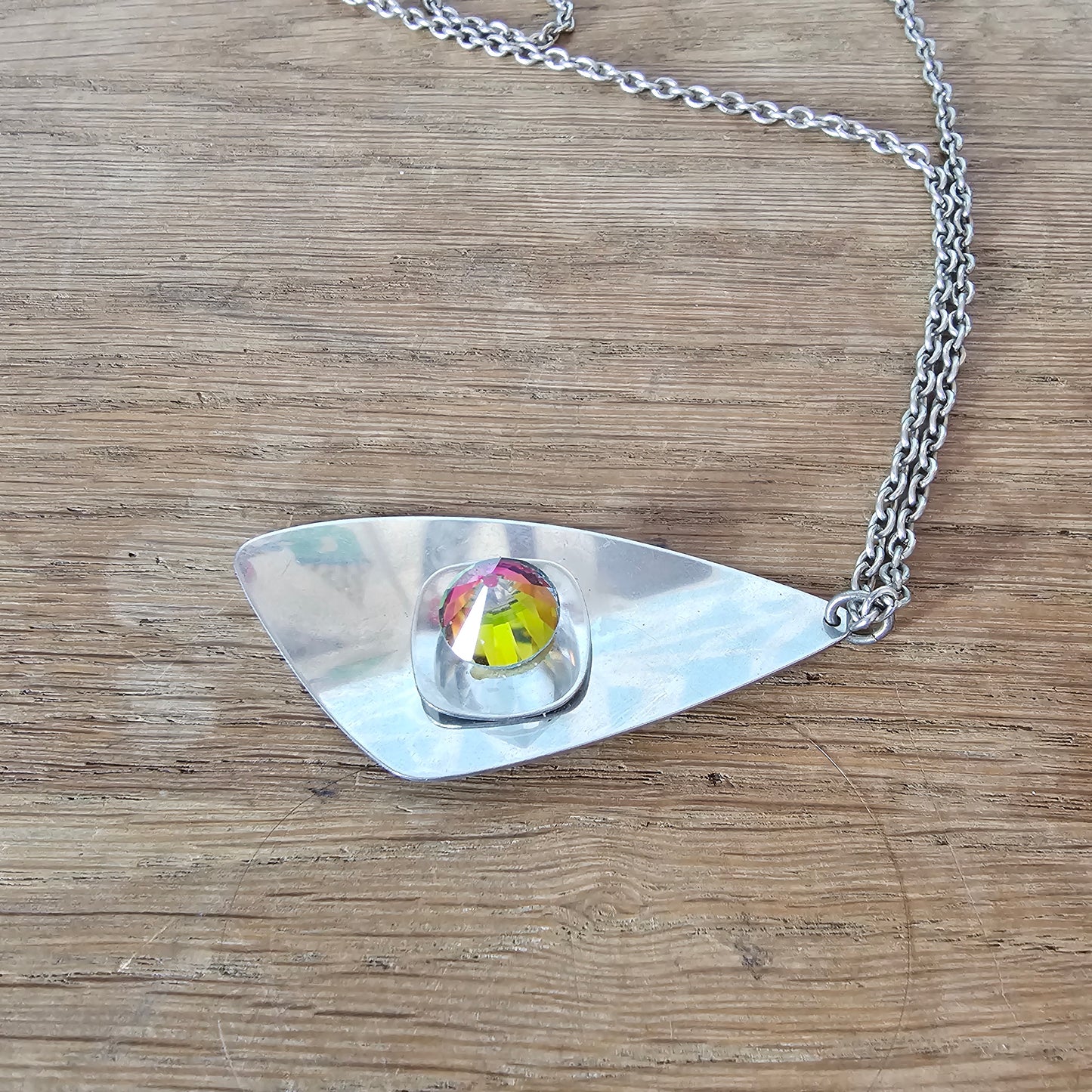 1970s stainless steel abstract pendant necklace with Aurora Borealis dome crystal