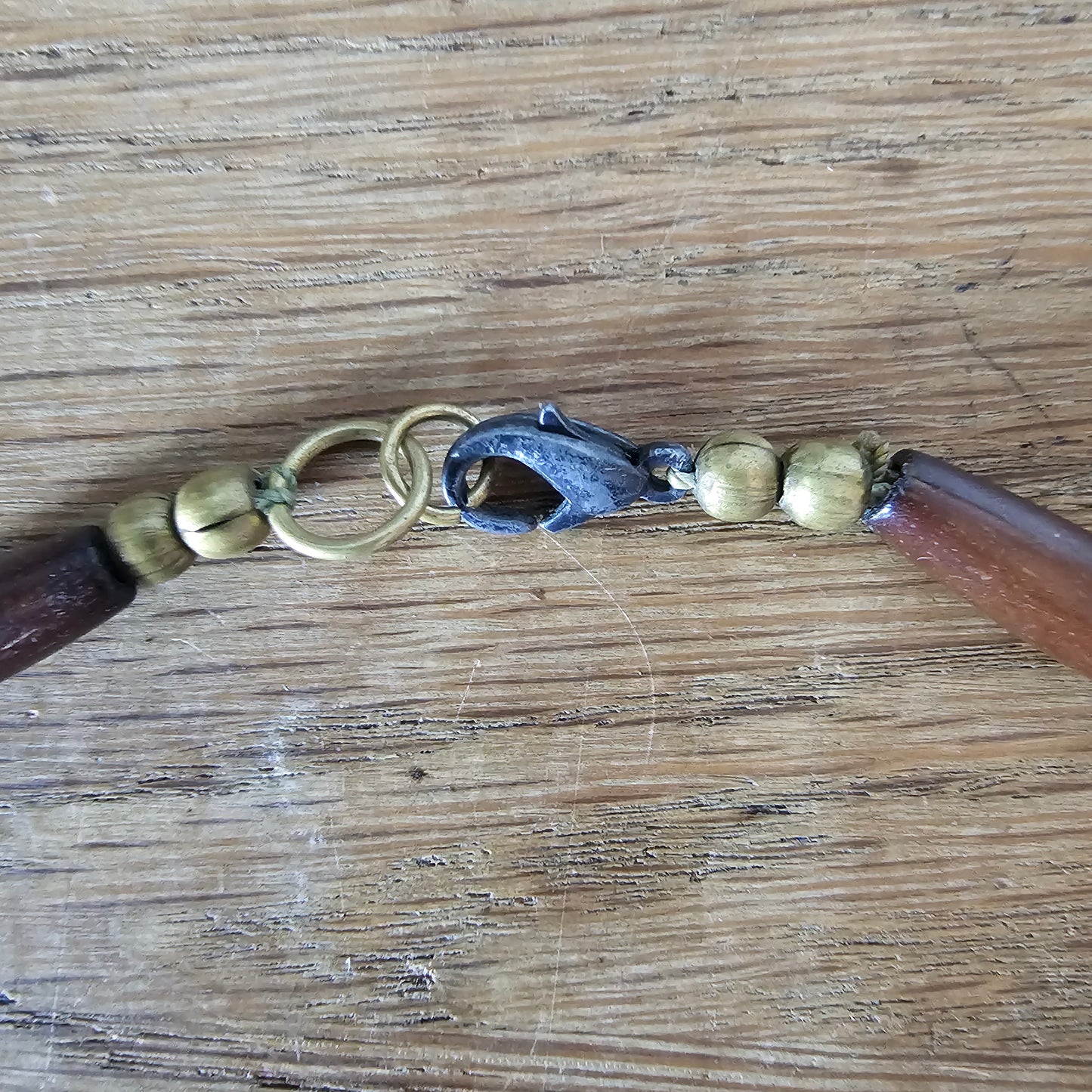 1980s tribal-style wooden spike bead & brass tone statement necklace