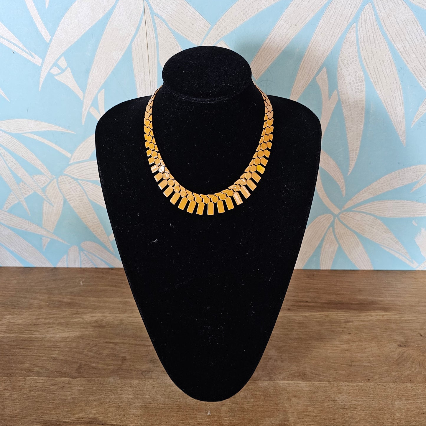 Vintage 1980s-style mustard enamel metal geometric fringe bib necklace