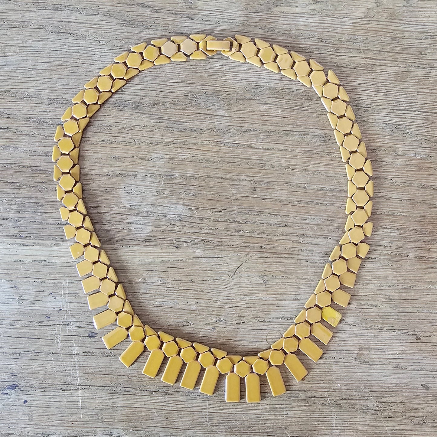 Vintage 1980s-style mustard enamel metal geometric fringe bib necklace