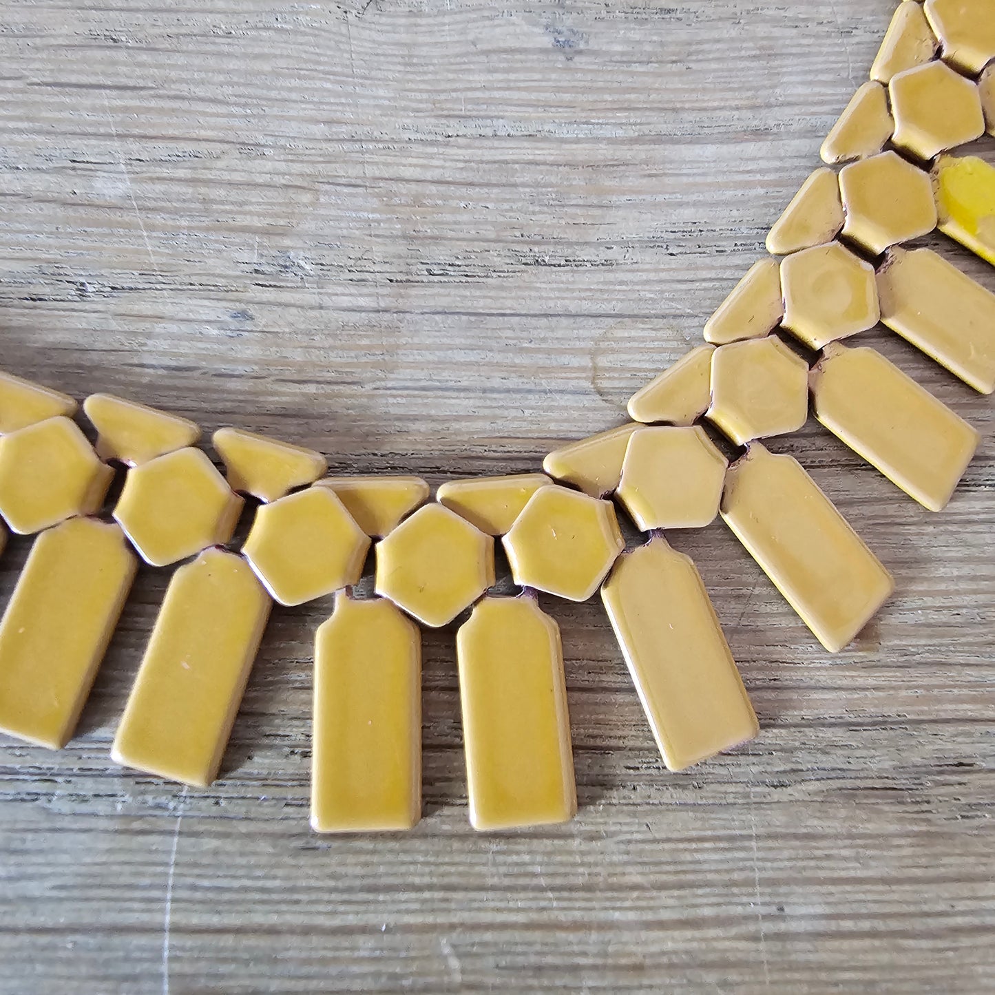 Vintage 1980s-style mustard enamel metal geometric fringe bib necklace