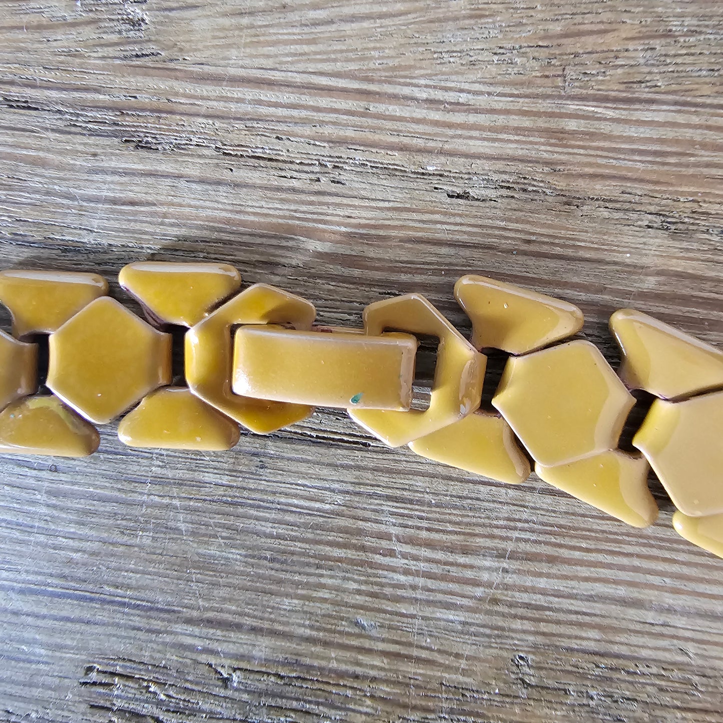 Vintage 1980s-style mustard enamel metal geometric fringe bib necklace