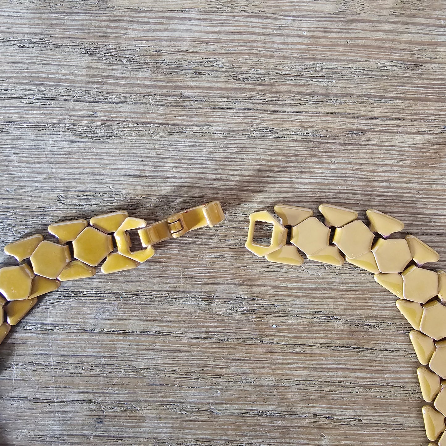 Vintage 1980s-style mustard enamel metal geometric fringe bib necklace