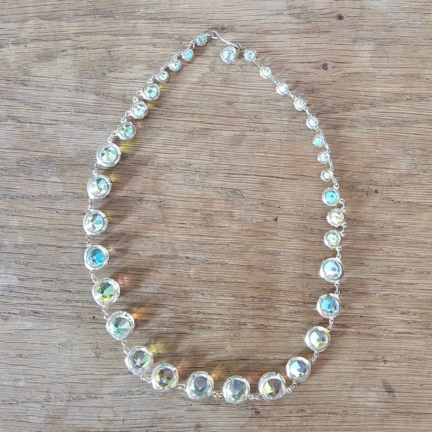 Mid-century Aurora Borealis crystal line Hollywood Regency style necklace
