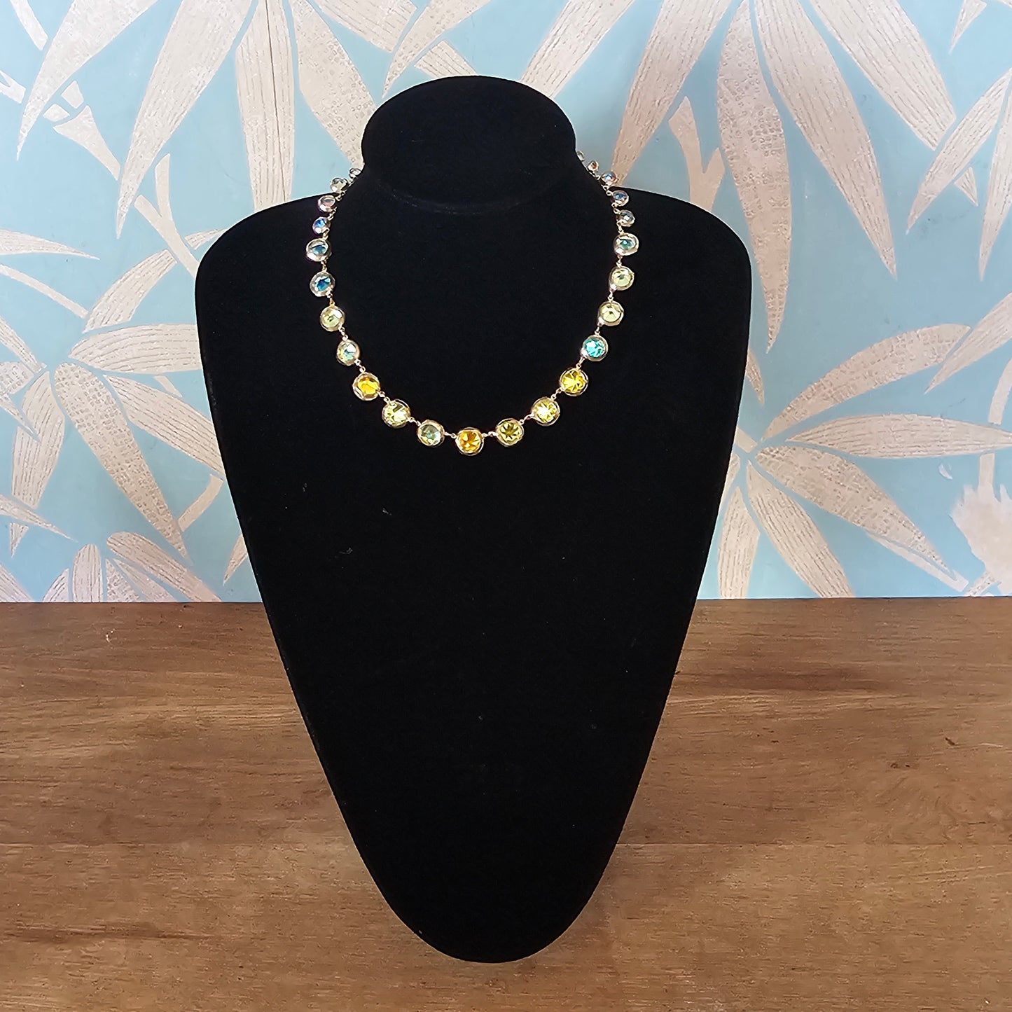 Mid-century Aurora Borealis crystal line Hollywood Regency style necklace