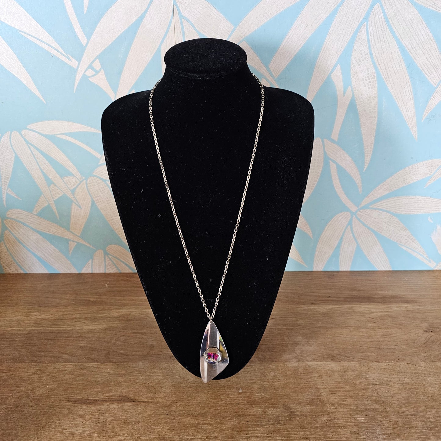 1970s stainless steel abstract pendant necklace with Aurora Borealis cube crystal