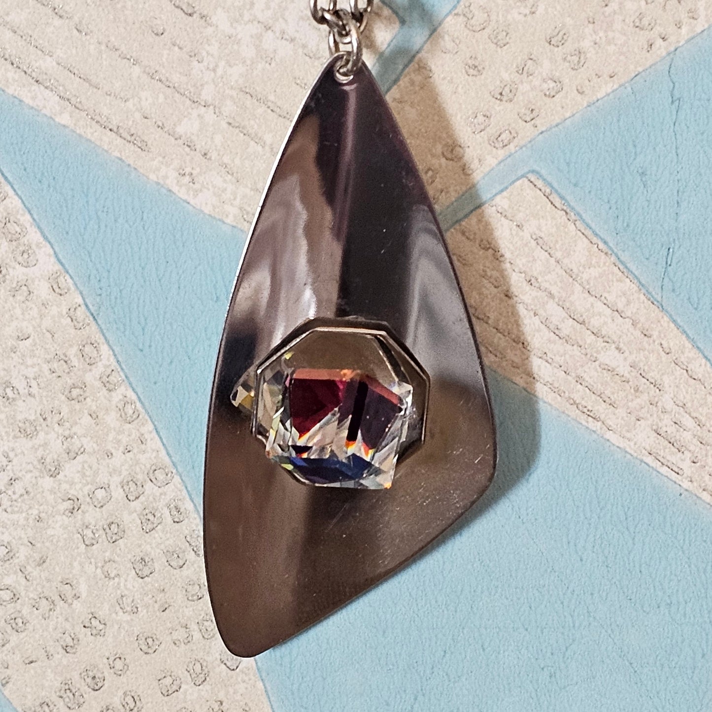 1970s stainless steel abstract pendant necklace with Aurora Borealis cube crystal