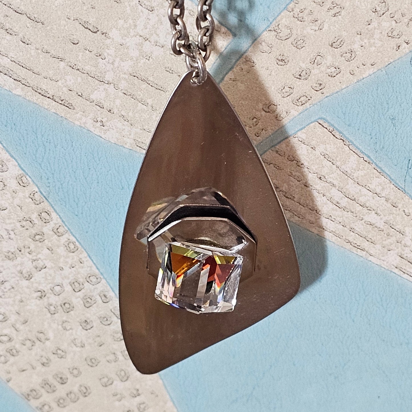1970s stainless steel abstract pendant necklace with Aurora Borealis cube crystal