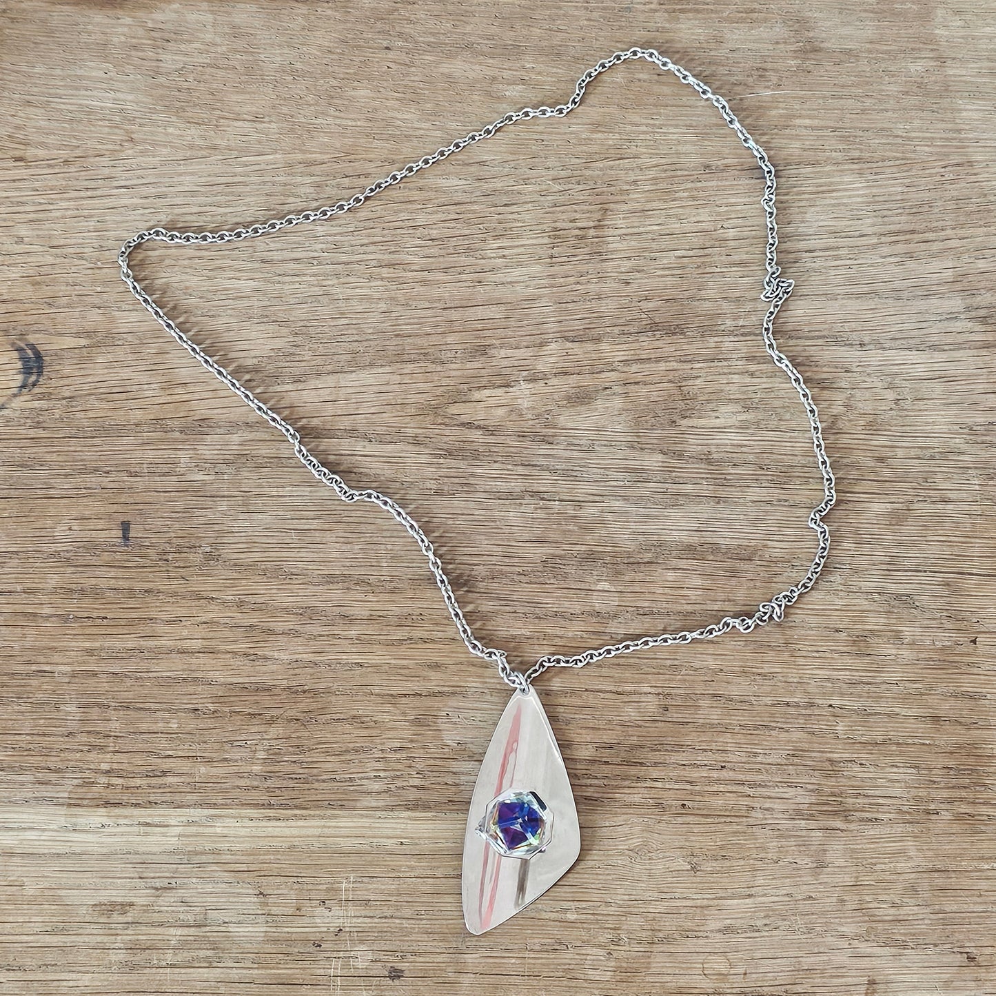 1970s stainless steel abstract pendant necklace with Aurora Borealis cube crystal