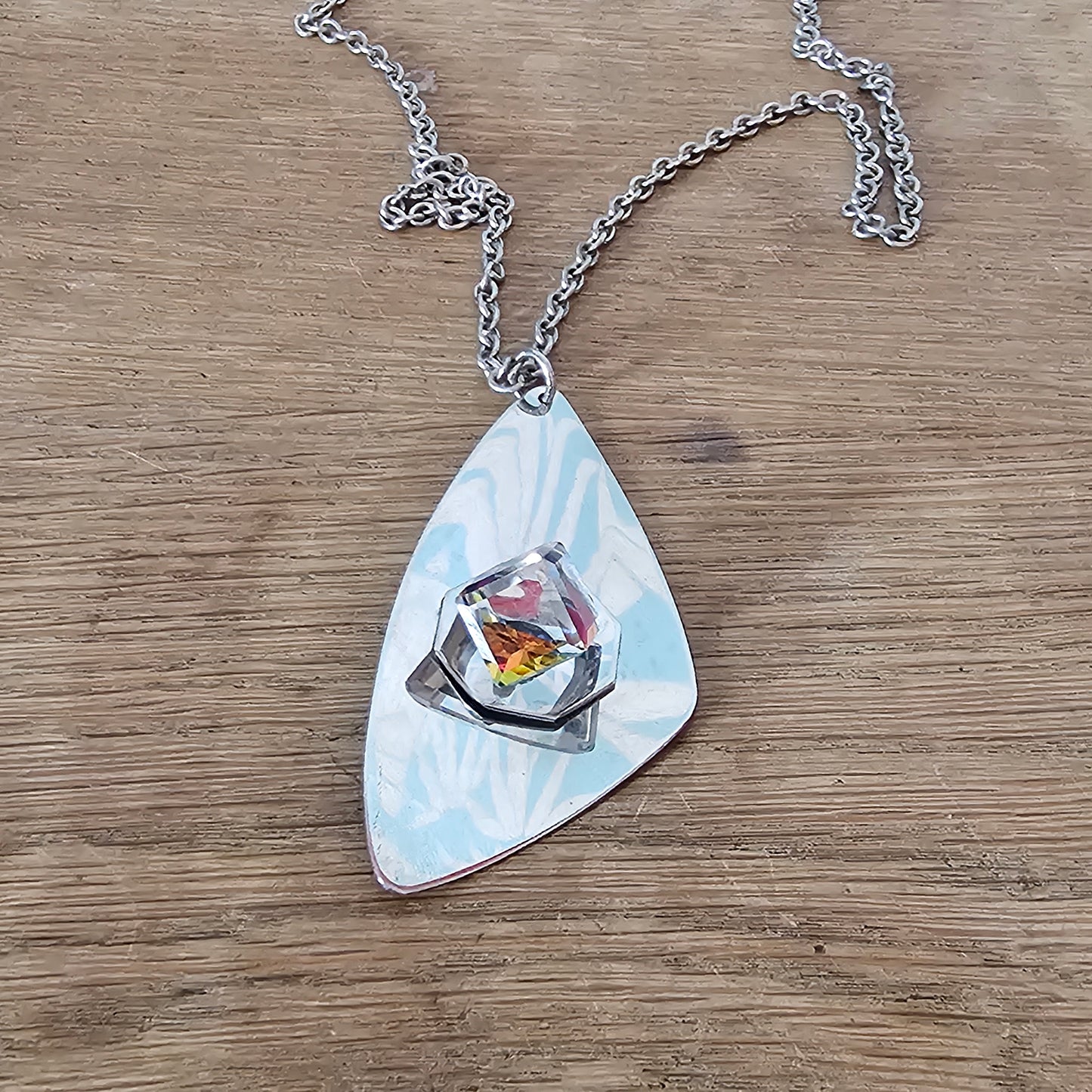 1970s stainless steel abstract pendant necklace with Aurora Borealis cube crystal