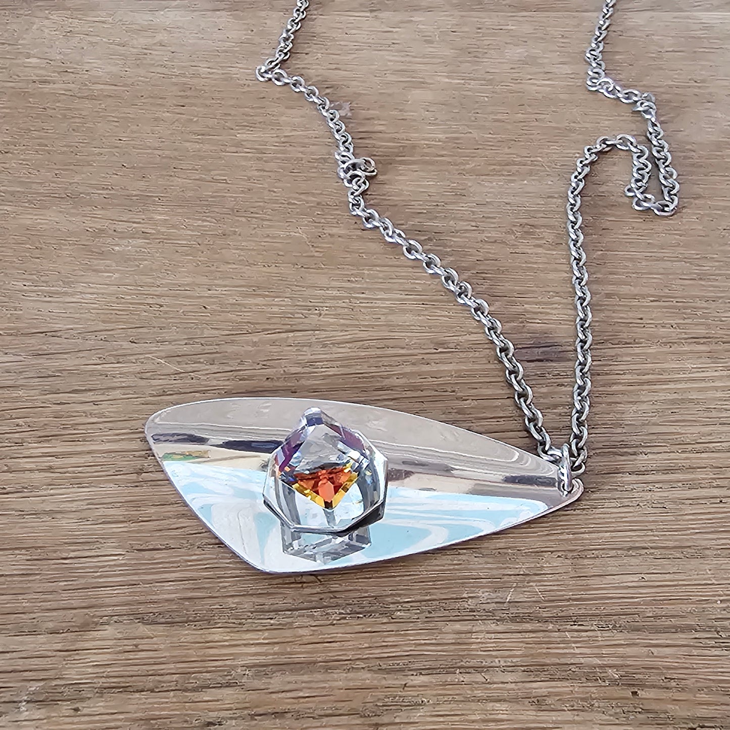 1970s stainless steel abstract pendant necklace with Aurora Borealis cube crystal