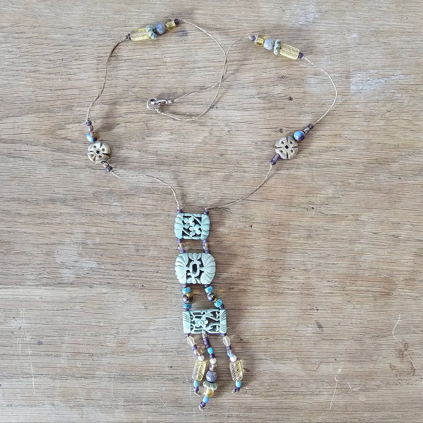 1990s carved jade panel pendant necklace with beaded tassel