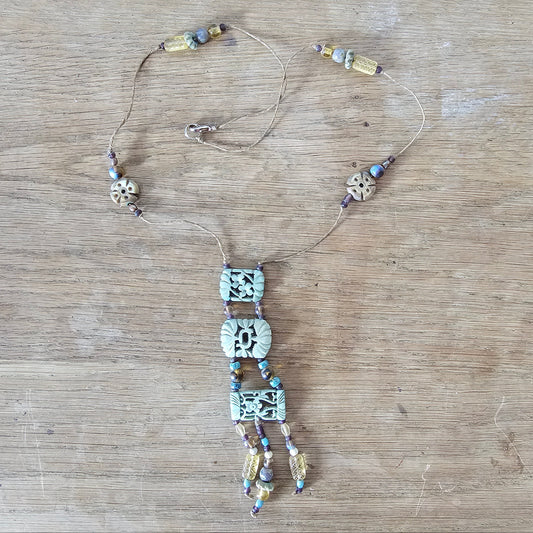 1990s carved jade panel pendant necklace with beaded tassel