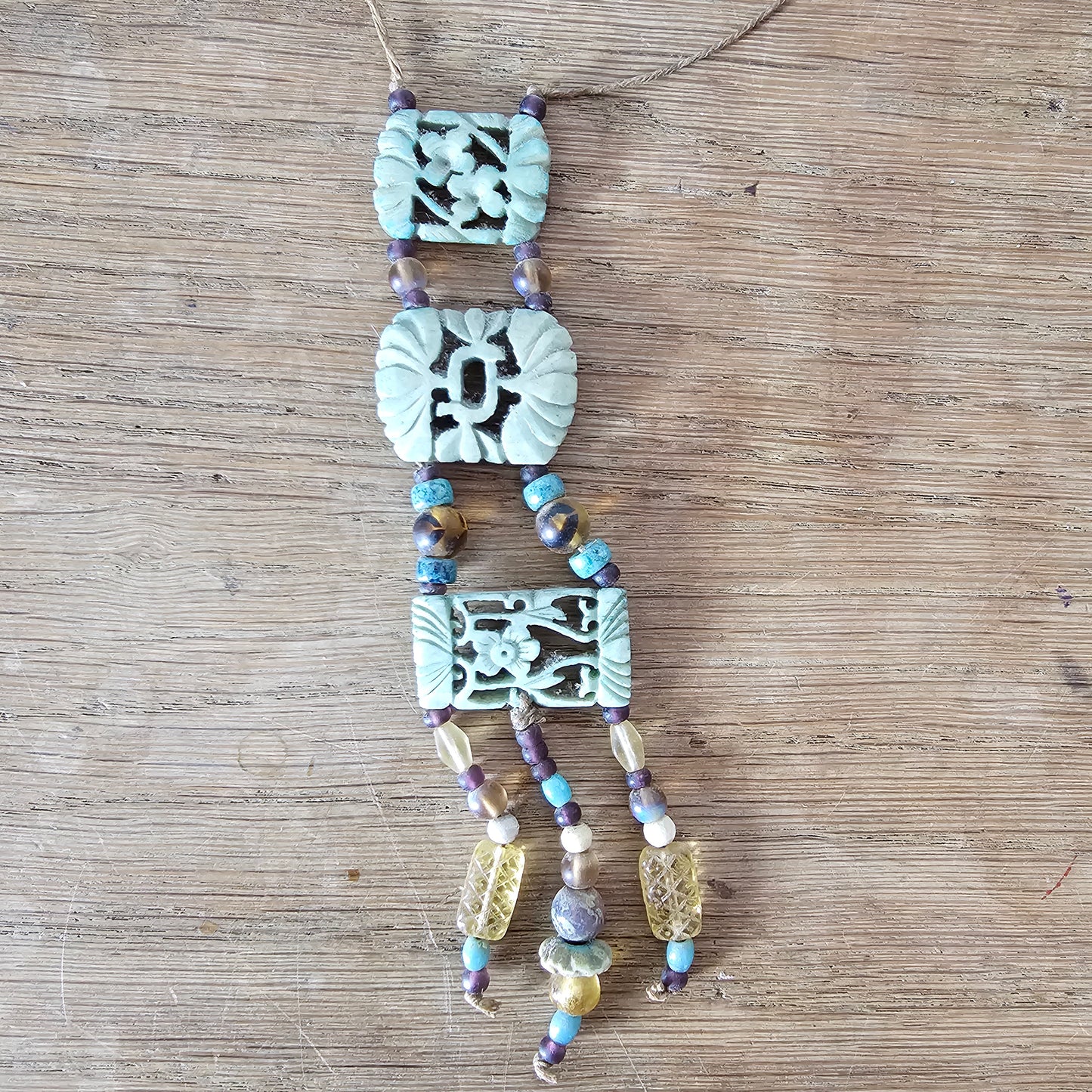 1990s carved jade panel pendant necklace with beaded tassel