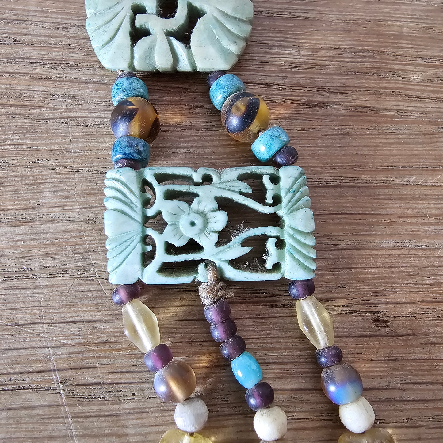 1990s carved jade panel pendant necklace with beaded tassel