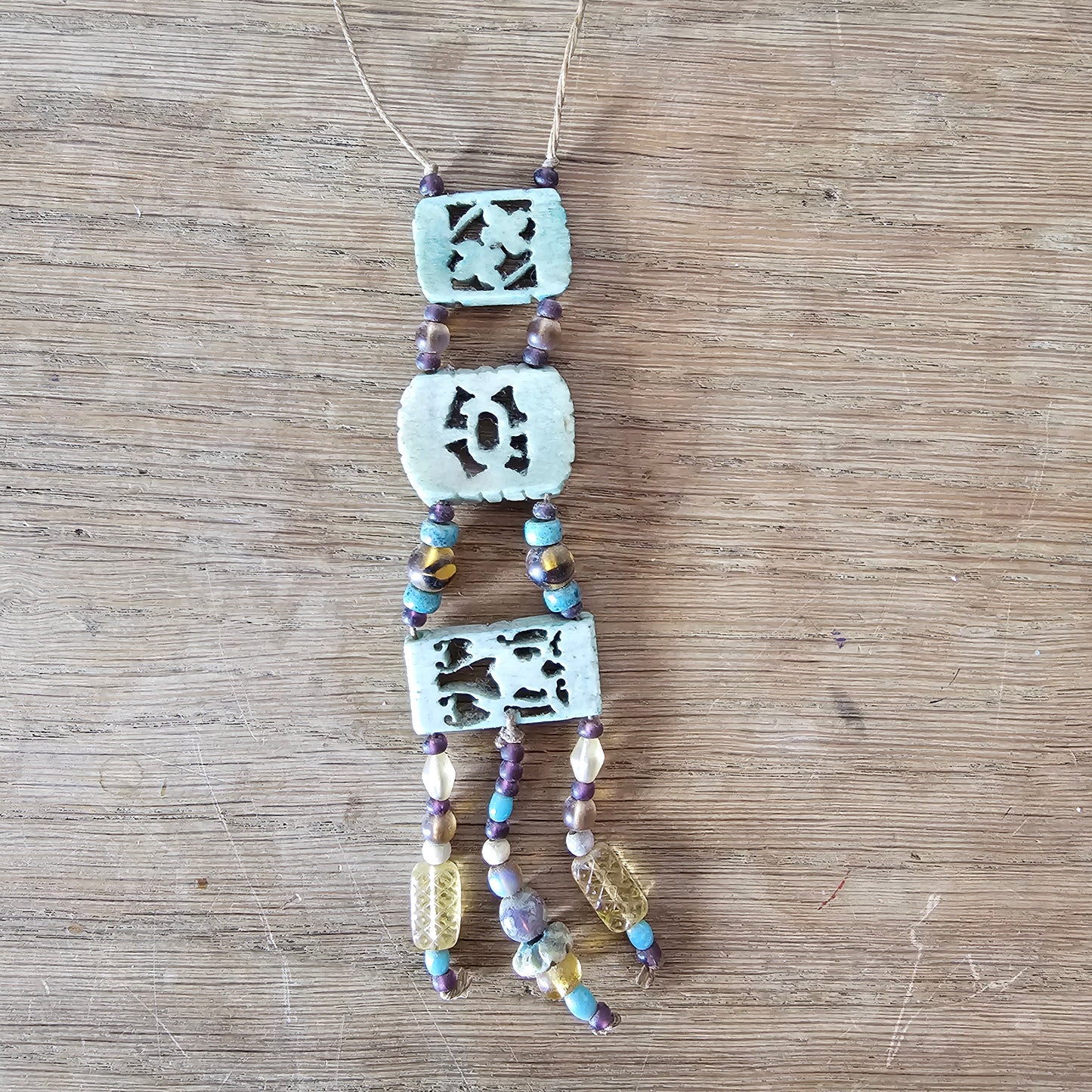 1990s carved jade panel pendant necklace with beaded tassel